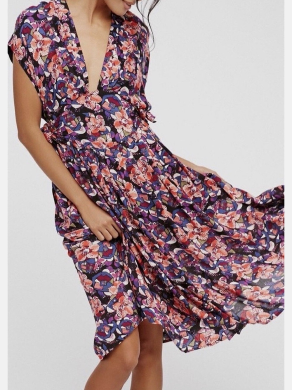 Free People Floral Flowy Midi Dress Purple Pink XS Deep V Neck Tie Waist